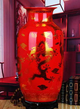 景德镇中国红描金龙纹落地大花瓶