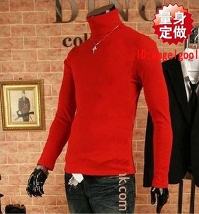男士修身大红色双层高领长袖T恤百搭保暖单衣 男款纯色长袖打底衫