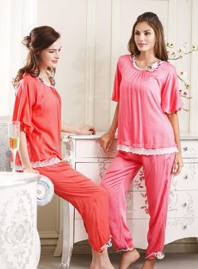 芬腾睡衣春夏女士粘纤人造棉优雅可爱家居服中袖长裤套装130513