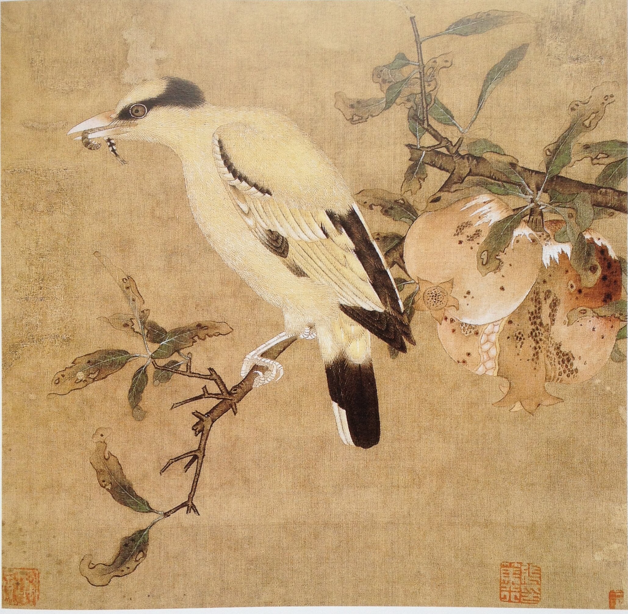 工笔画底稿宋毛益榴枝黄鸟图白描7#打印稿毛笔勾线宣纸稿有步骤图