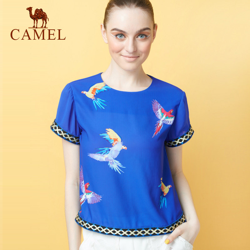 【非卖品】camel女装 短袖彩色飞鸟印花短款上衣雪纺衫