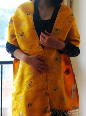 新品南京云锦吉祥云锦黄色蝴蝶彩蝶三秋纯手工真丝云锦装饰品披肩