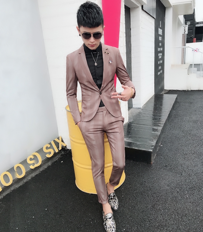 小西服套装男士韩版修身帅气青年条纹结婚新郎西装夜店潮流痞帅款