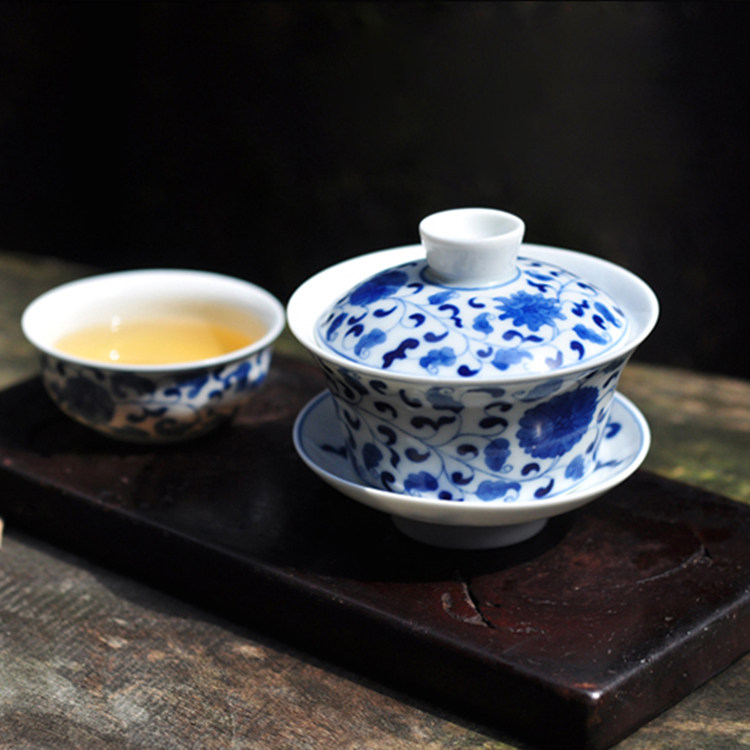 长物居 手绘青花瓷缠枝莲纹三才盖碗盖杯 景德镇手工陶瓷茶杯茶具|ruв категории посуда, чайный сервиз, супник - от Buy2taobao.com для оказания профессиональной услуги покупки агента Taobao