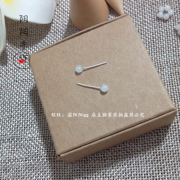 手工999足银纯银3mm天然汉白玉圆珠迷你小耳钉耳骨钉养耳防过敏女