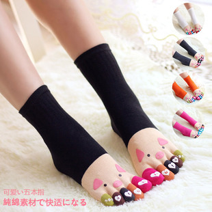 可爱猪猪麦兜女士全纯棉五指袜 中筒透气分脚趾袜 优质卡通