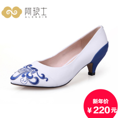 Alang-fall 2015 national wind shallow mouth high heels shoes with pointy shoes women in blue and white porcelain 820