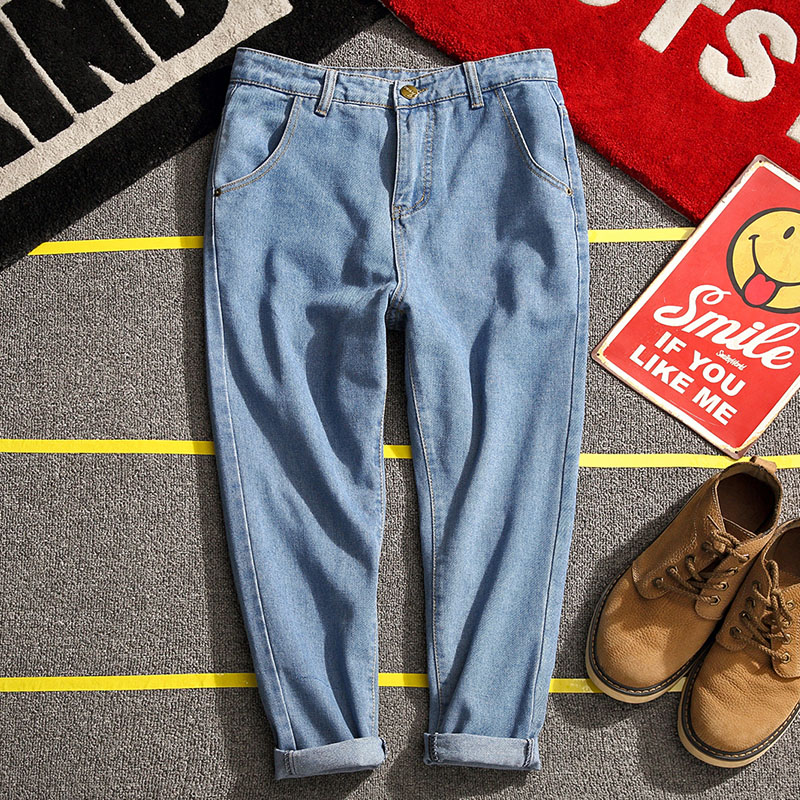 Autumn New Harbor wind cloth label decoration loose fattening and large size jeans nine-minute trousers male [control 68]