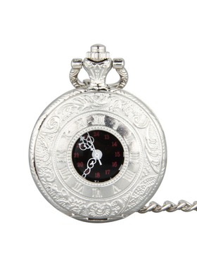 大号粗链银白色花边镂空罗马文黑面古典石英怀表复古怀旧怀表8167