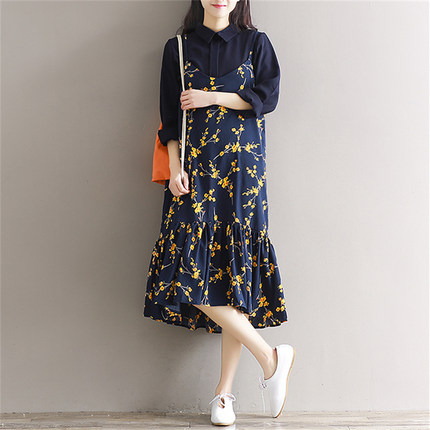 女装新款无袖吊带碎花雪纺裙2017春夏季宽松荷叶边鱼尾印花连衣裙