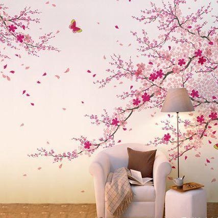 天堂彩客厅电视沙发背景墙体彩绘墙面壁画装饰樱花盛开送开关手绘
