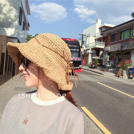 韩国可折叠大沿手工钩针草帽女夏季沙滩帽防晒度假渔夫帽遮阳盆帽