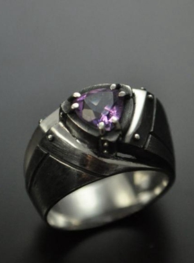 复古时尚天然紫水晶戒指纯银朋克