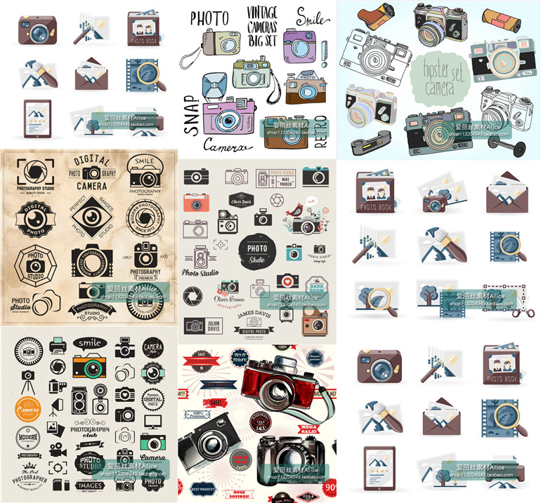 [149]扁平化手绘卡通风格摄影照相机LOGO图标ICON AI矢量设计素材