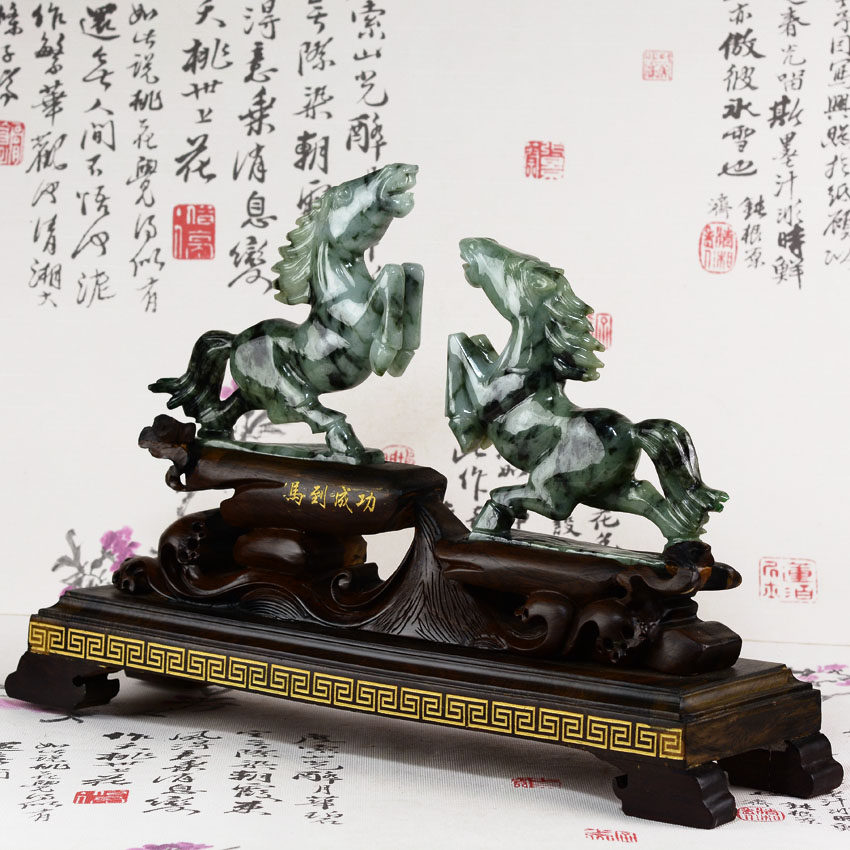 宏荔珠宝翡翠 天然A货翡翠马到成功马生肖玉器摆件一对1674
