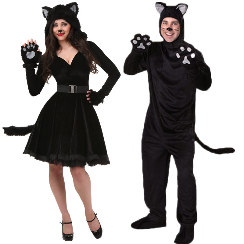 COS万圣节 卡通动物服裝 情侣猫女熊猫毛毛动物装扮 连体黑猫服装