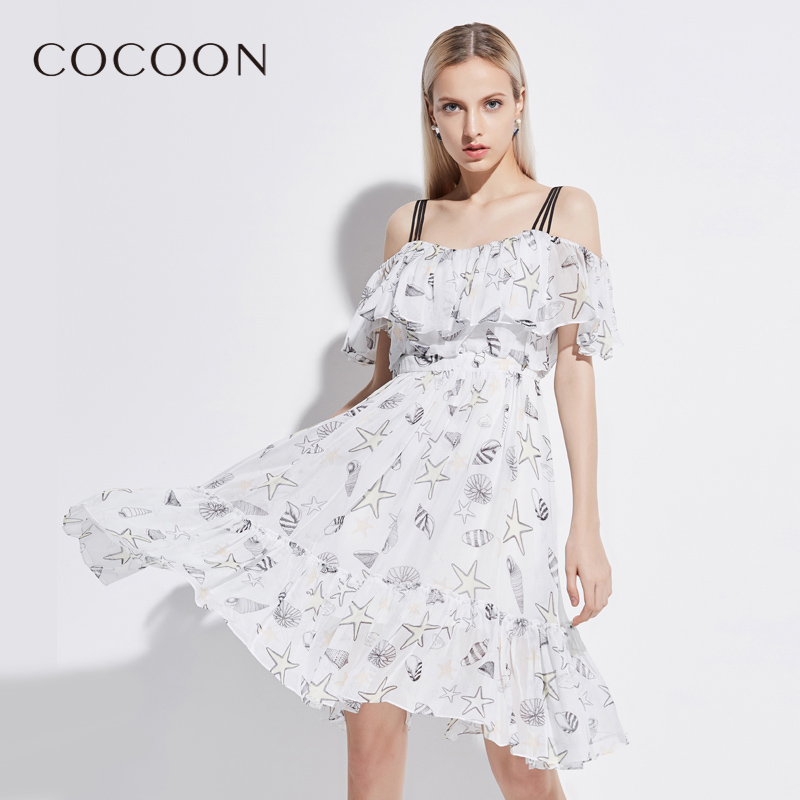 COCOON/可可尼夏裝新品女裝印花荷葉邊拼接連衣裙