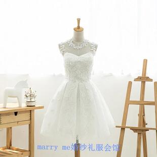 出售二手短款 伴娘服纱白色小花包肩新娘结婚礼服蕾丝韩版 可爱公主