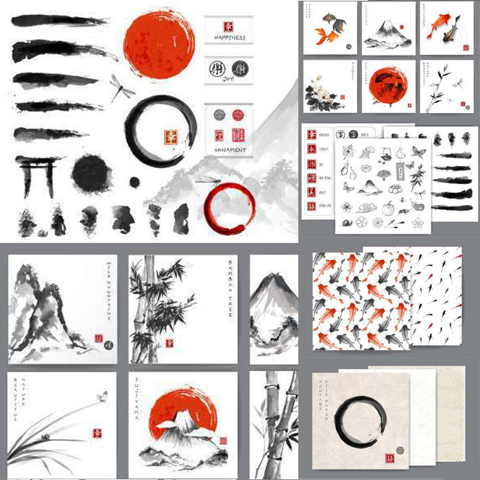 A1792矢量中国日本传统水墨绘画竹子金鱼锦鲤毛笔菊花 AI设计素材