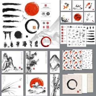 A1792矢量中国日本传统水墨绘画竹子金鱼锦鲤毛笔菊花 AI设计素材