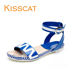 KISS CAT/Kiss cat 2015 summer new style leather flat women's shoes spell color stripes toe ring band sandals