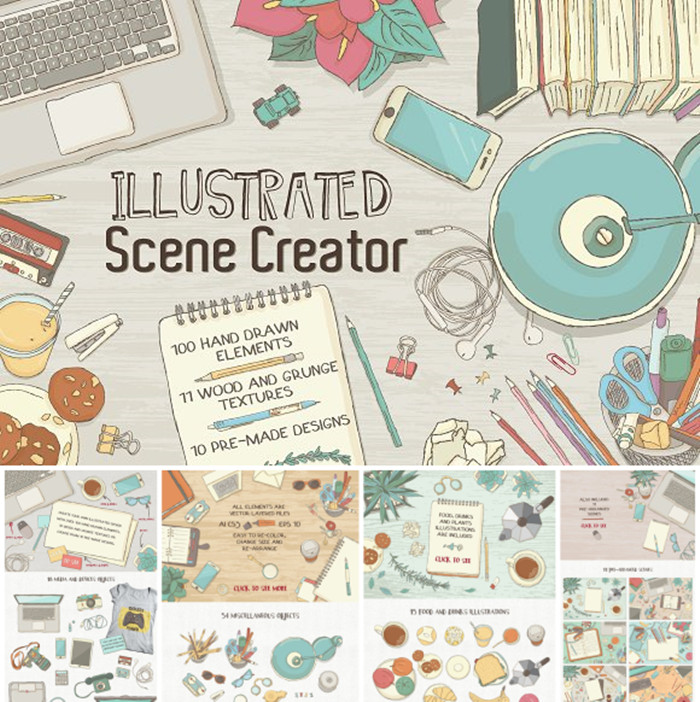 [494]100+手绘插画物品植物食物办公度假场景创建AI矢量设计素材