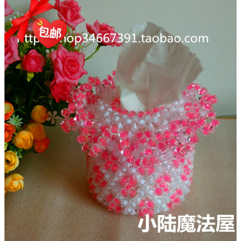包邮DIY串珠成品圆筒纸巾盒花边纸巾筒内彩紫內彩粉家居装饰 送礼