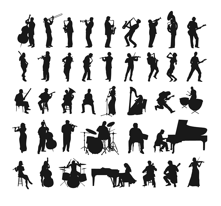 音乐演奏人物剪影 各种乐器演奏表演人物剪影 AI格式矢量设计素材
