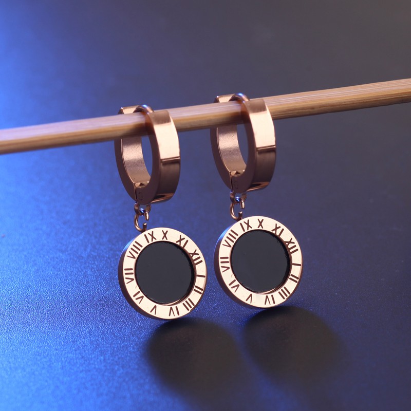 韩国气质时尚黑色罗马耳环耳饰耳扣女钛钢镀18k玫瑰金饰品