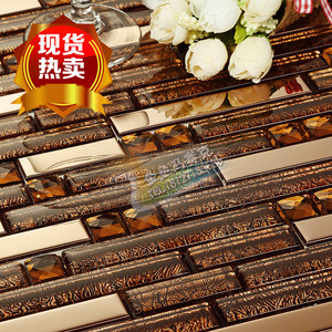 不锈钢长条金箔玻璃镜面马赛克客厅背景墙吧台厨房柜子装饰瓷砖贴