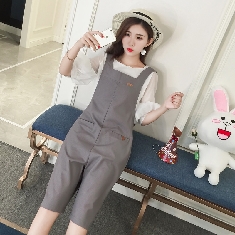 纯色休闲背带裤女夏季短裤宽松显瘦阔腿五分裤韩版百搭吊带裤学生