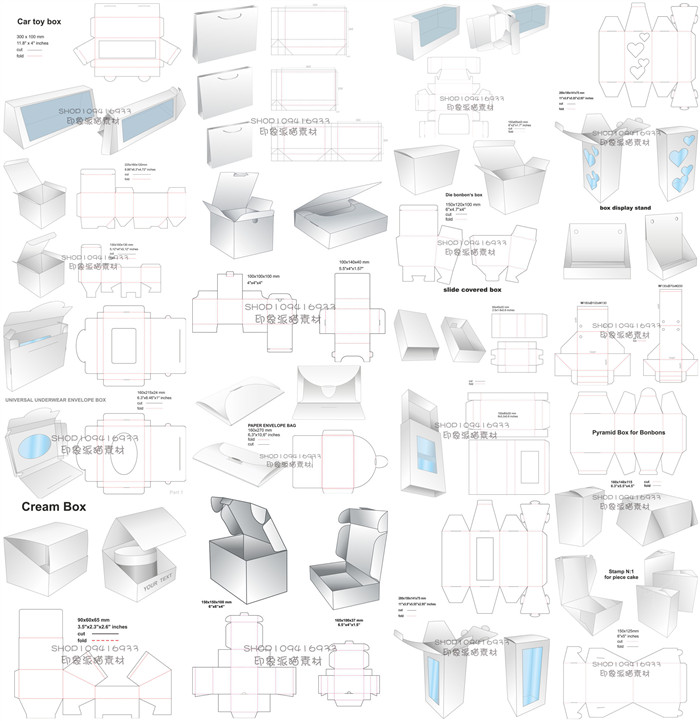 矢量设计素材 纸盒纸袋包装盒子展开图刀版图模板 eps格式