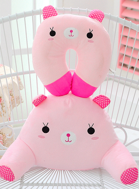 卡通可爱熊猫咪靠枕抱枕粉兔子办公室腰靠垫护颈枕一套猪毛绒玩具