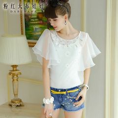 Shirt women large pink doll 2015 summer white organza Butterfly flower-embroidered shirts blouses