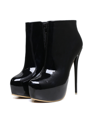 16cm黑色亮漆皮防水台细圆高跟豹纹大码女短靴CD变装年会41424345