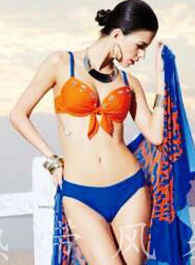 品牌正品号手温泉撞色游泳衣女614316小胸聚拢钢托比基尼纱裙橘蓝
