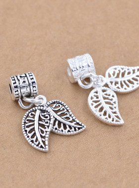 S925纯银泰银叶子吊坠 六字真言路路通隔珠管子 diy佛珠手链三通