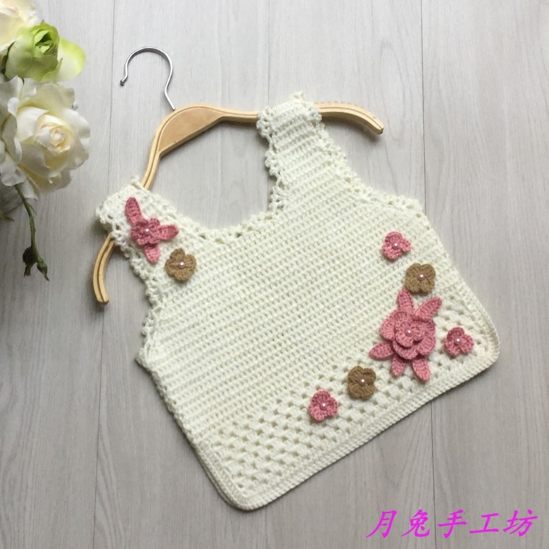 月兔手工坊 纯手工编织儿童毛线背心手钩女孩花朵小马甲钩针毛衣