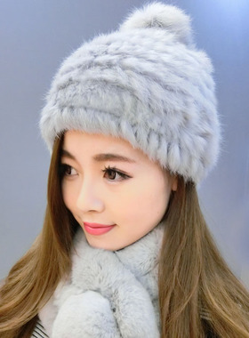 韩版秋冬季保暖女士兔毛皮草帽子兔毛帽子女毛线帽甜美潮球球帽