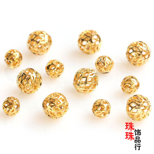 DIY饰品编制配件真空镀24K金色镂空圆珠花球路路通铜珠不易退色珠