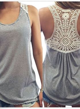 3838款201611夏季新款女装无袖条纹拼接后背蕾丝镂空背心T