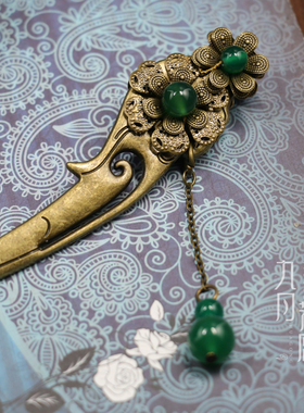 古典复古绿色玛瑙簪子 古代COS汉服流苏步摇发簪古装盘发头饰发饰