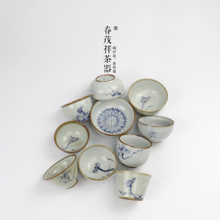 春茂祥茶具茶意景德镇手工汝窑茶杯手绘荷花开片铁锈斑汝瓷品茗杯