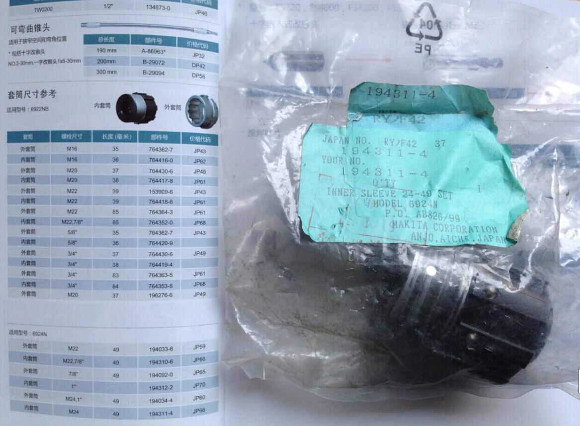 牧田Makita扭剪扳手6924N原装M24内外套筒一套