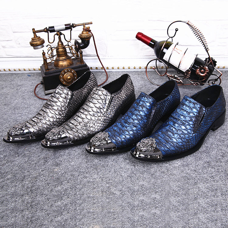 时尚压花鳄鱼纹尖头铁头男鞋 欧美时尚T台走秀美发师酒吧夜店皮鞋