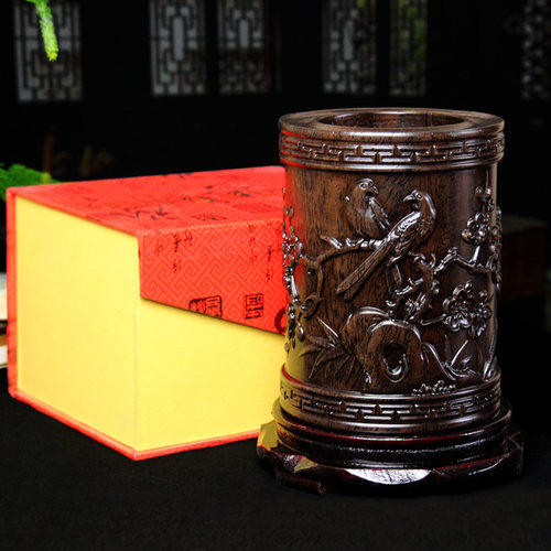 黑檀木雕刻笔筒学生教师工艺品