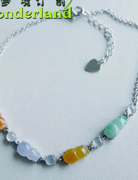 天然A货玻璃冰糯种绿色白色紫色橙色翡翠葫芦手链18K金镶玉现货特