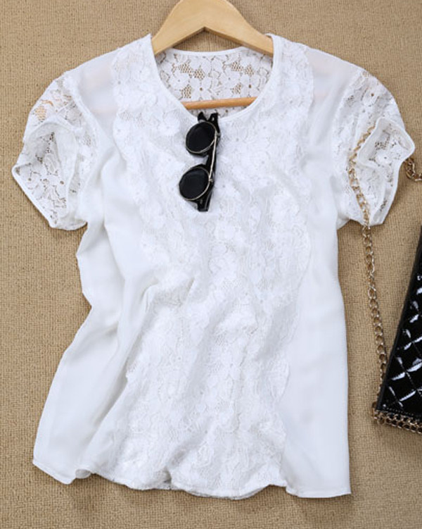 特价韩版简约真丝双绉清新白色拼接蕾丝短袖宽松女t恤z-63