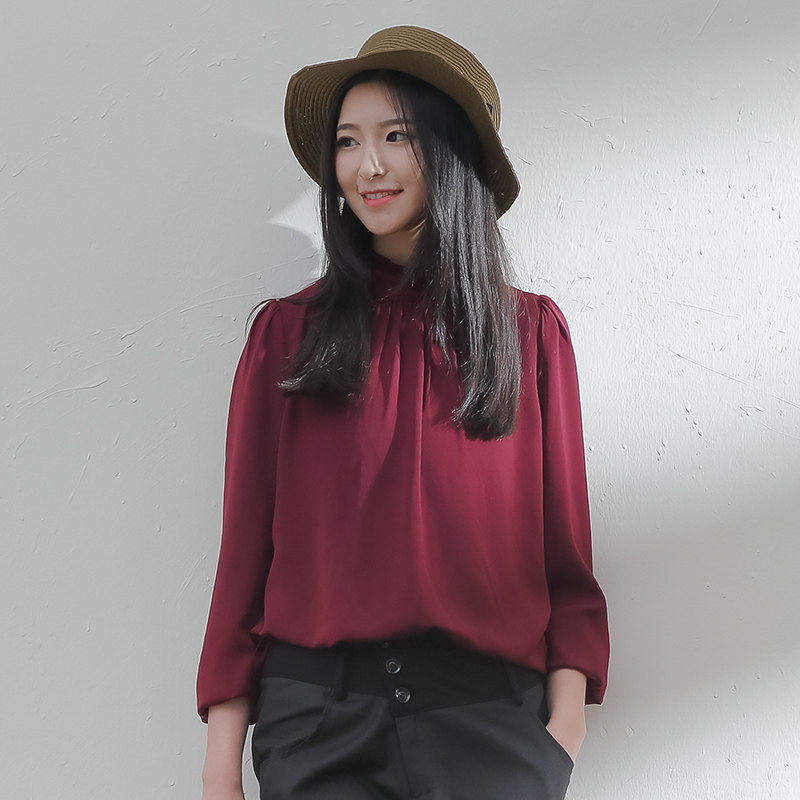 一衣江南2022春装新款衬衫女长袖立领套头蝴蝶结衬衣泡泡袖15036C