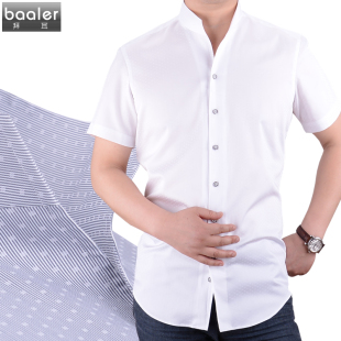 Baaler拜耳男款复古潮流新派立领短袖衬衫纯棉修身时尚春夏多色